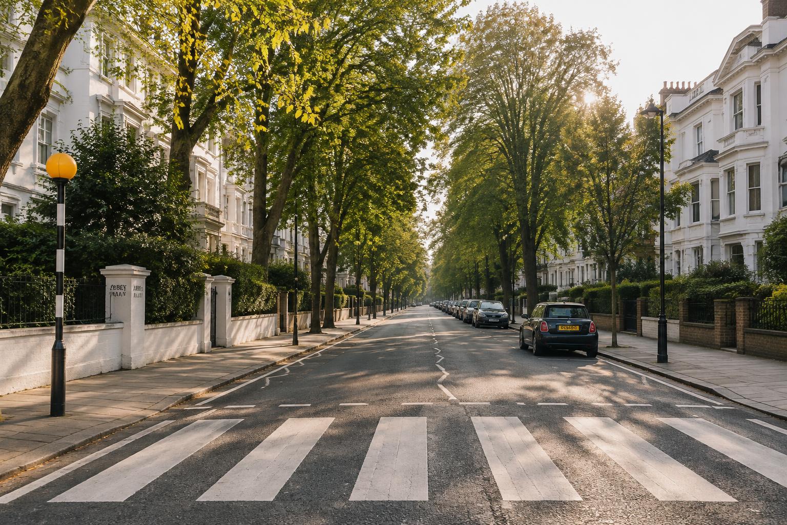 Zebra crossing on a leafy residential street in North West London at sunrise