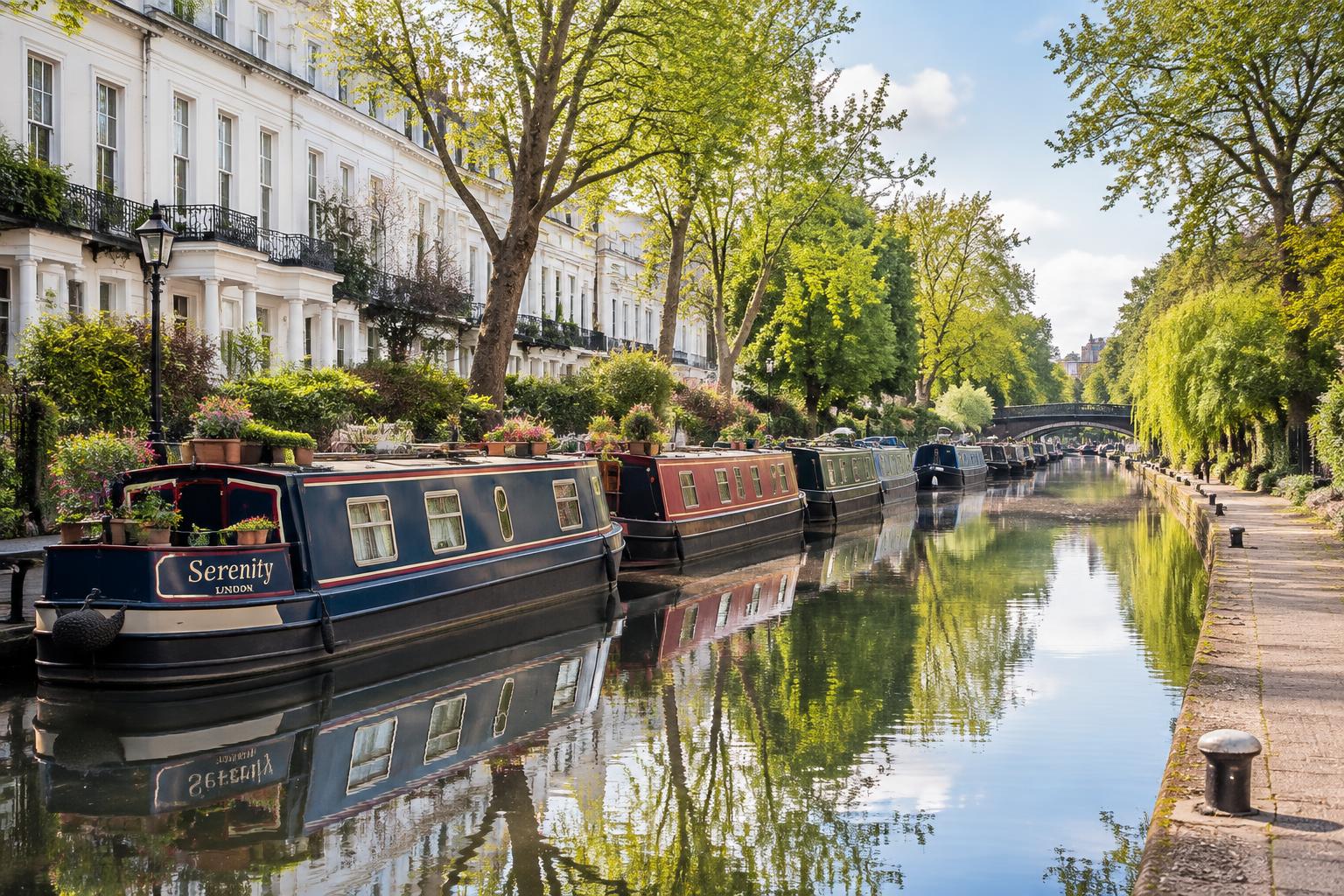 Narrowboats moored along the canal at Little Venice in London