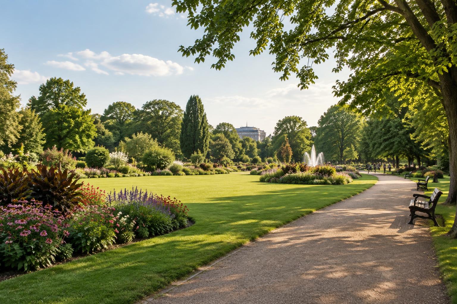 Flower borders, lawns and a path in Regent's Park on a summer afternoon